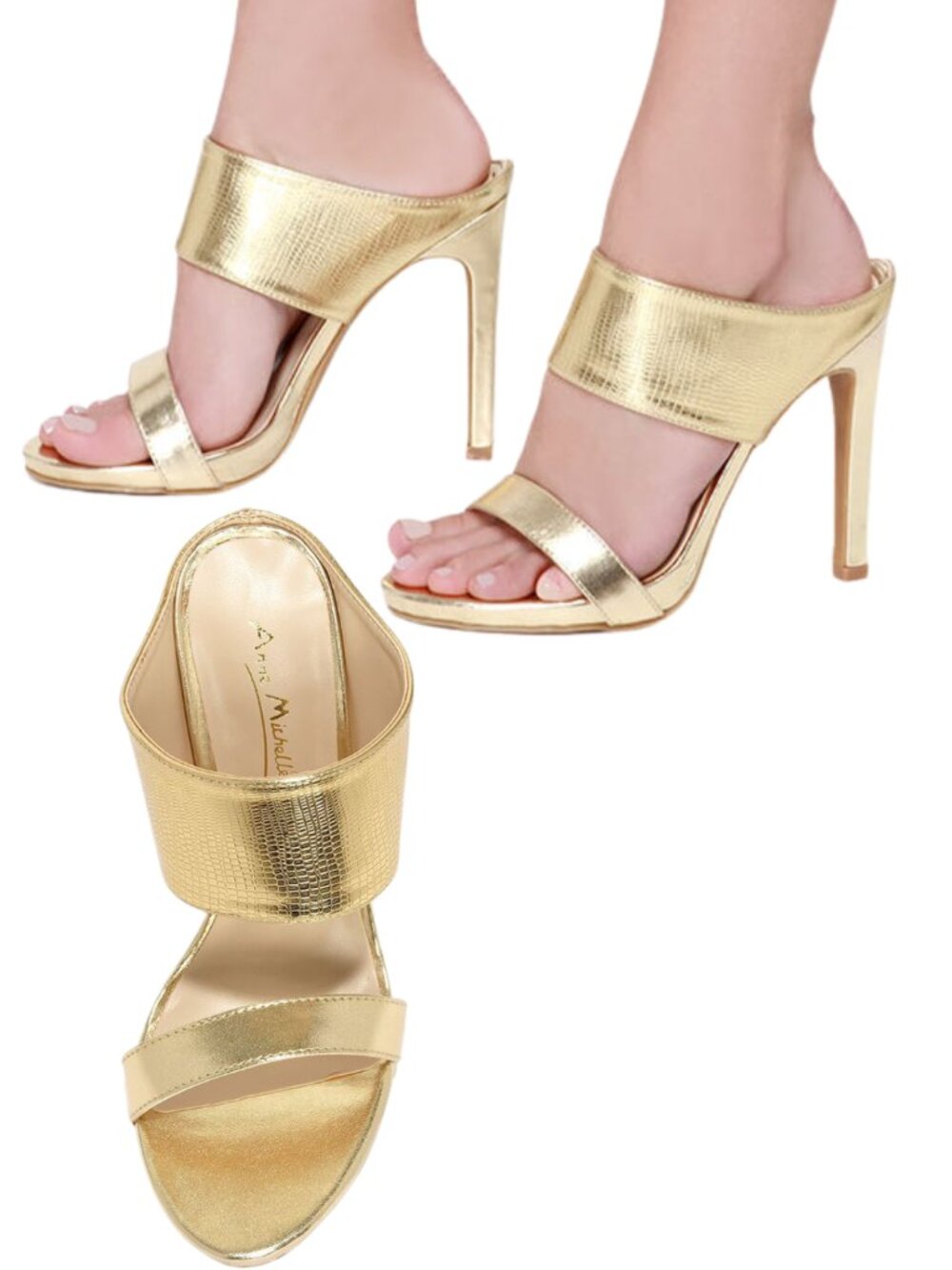 Ann Michelle Gold Lizard Peep Toe Mules